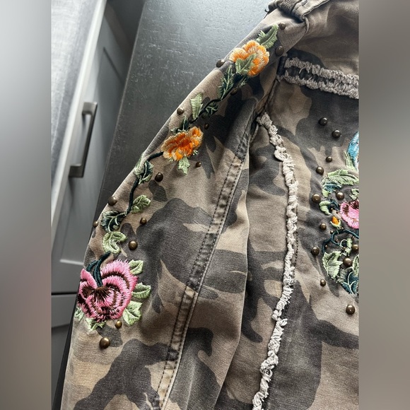 Miss Me S Army Cotton Jacket Green Floral Embroidered Pockets Zip Detail - Picture 7 of 11